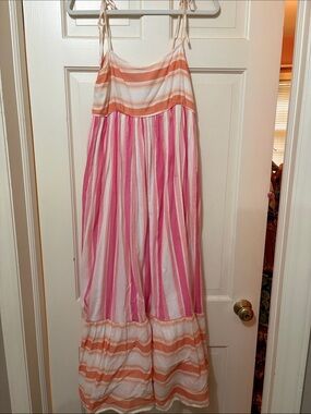 Tie-Shoulder Pink and Peach Striped Maxi Skirt